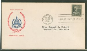 US 821 1938 16c Abraham Lincoln (presidential/prexy series) solo on an addressed (typed) first day cover with a Fidelity cachet.