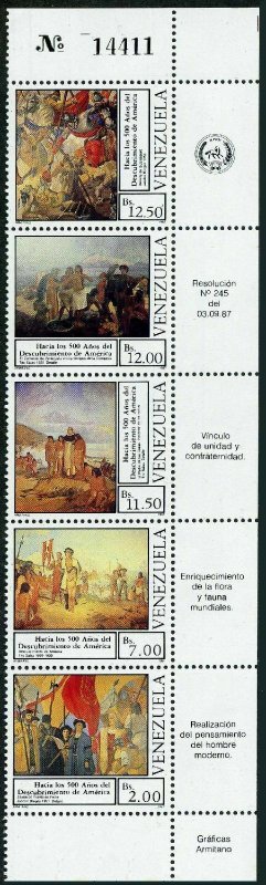 Venezuela 1395 ae strip,MNH. Discovery of America 500th Ann.Paintings,1987.