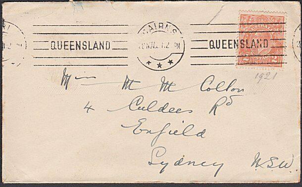 AUSTRALIA 1921 GV 2d on cover CAIRNS QUEENSLAND continuous machine cancel..57264