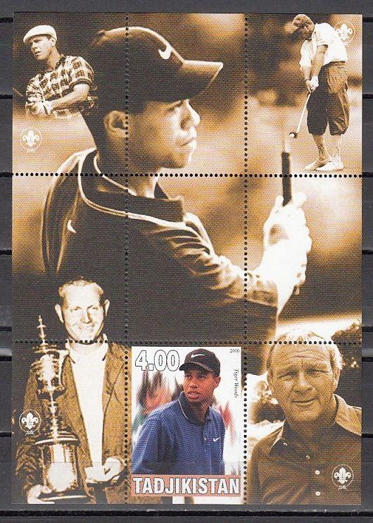 Tadjikistan, 2000 Russian Local. Golfer Tiger Woods s/sheet. ^