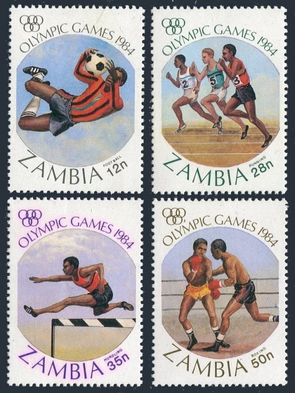 Zambia 304-07, MNH. Mi 314-317. Olympics Los Angeles-1984.Soccer,Hurdles,Boxing.