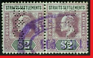 Malaya Straits Settlements 1902 KE VII Crown CA $2 Pair PERFIN SG#120 M2514