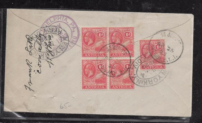 ANTIGUA (P12103B)  KGV 1DX5  ON 1925 REG COVER TO USA