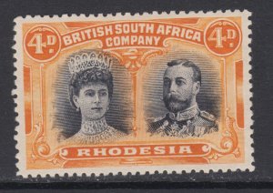 Rhodesia SG 140 MLH. 1910 4p black & orange Double Head, fresh, bright, VLH, VF