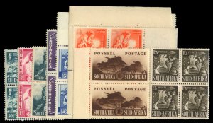 South Africa #81-89 Cat$296++, 1941-43 War Effort, complete set in blocks of ...