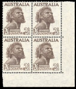 Australia #248 Cat$23, 1952 2sh6p dark brown, corner margin block of four, ne...