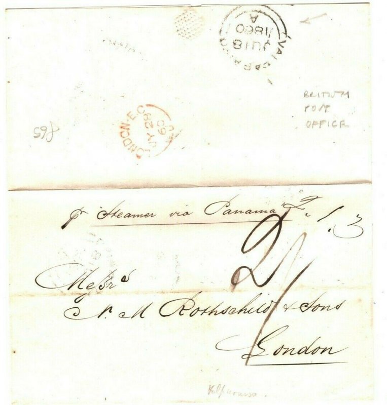 CHILE Cover BRITISH POST OFFICE*Valparaiso* Transatlantic Via Panama 1860 Gi-325