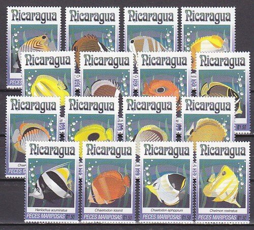 Nicaragua, Scott cat. 1962 a-p. Various Fish sheet.