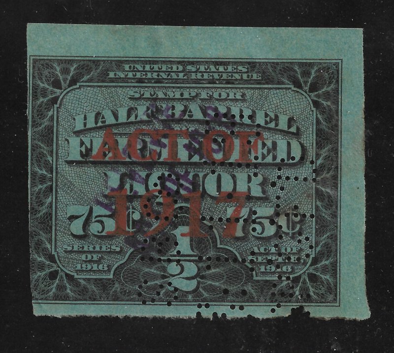 US Revenues: Beer Stamps: 1918 Issue #REA143; S B Co Perfin Cancel; CV $75