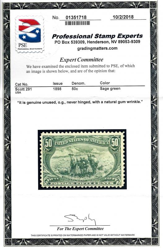 291 Mint,OG,NH... PSE Cert... SCV $1650.00
