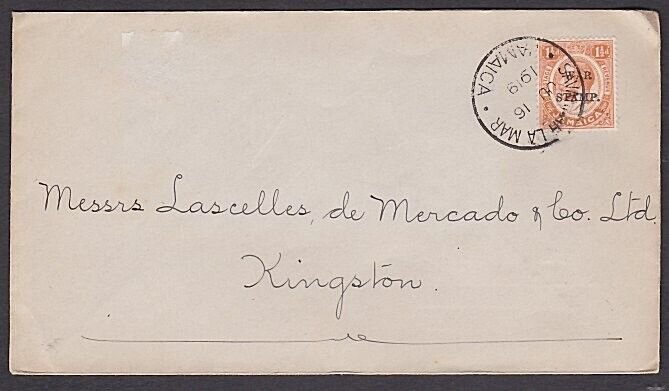 JAMAICA 1919 cover 1½d War Tax ex SAVANNAH LA MAR..........................A1501 