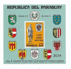 PARAGUAY 1976 1000 ANNIVERSARY OF AUSTRIA COATS SOUVENIR SHEET MICHEL BL 268