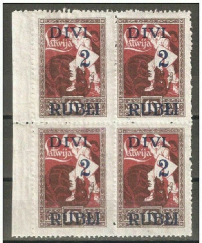 Latvia 1920-21,Surcharged Block 1st issue, 2R on 10k,Scott # 92,VF MNH**OG    