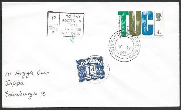 GB 1968 cover NORTH EASTERN TPO NT DOWN and late fee postage due...........53286