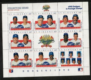 St. Vincent 1989 - Dodgers MLB, Baseball, Kirk Gibson - Sheet of 9 Stamps - MNH