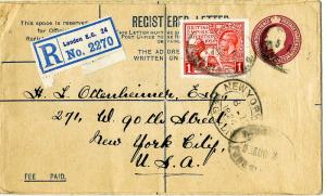 Great Britain 1924 Registered 4 1/2p Envelope with Scott # 185 F-VF