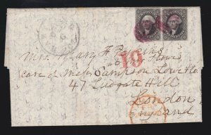 US 17 1851 12c Washington Pair Cover w/ Magenta Grid Cancels PF Cert XF SCV $900