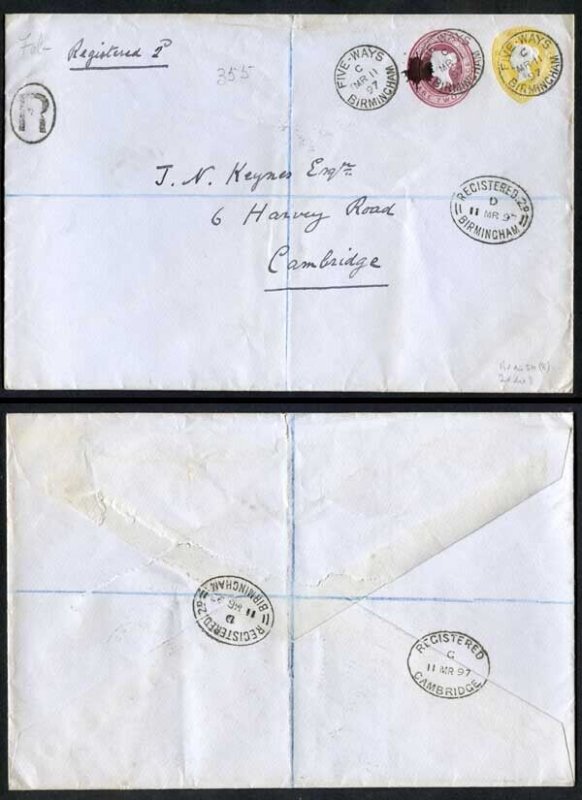 ESC214 QV 1 1/2d Yellow and 2d Lake Stamped to Order Envelope Used