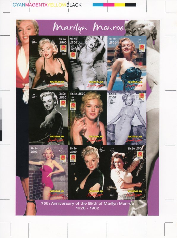 Somalia 2001 MARILYN MONROE Sheetlet (9) FINAL COLOR PROOF CROMALIN UNIQUE MNH