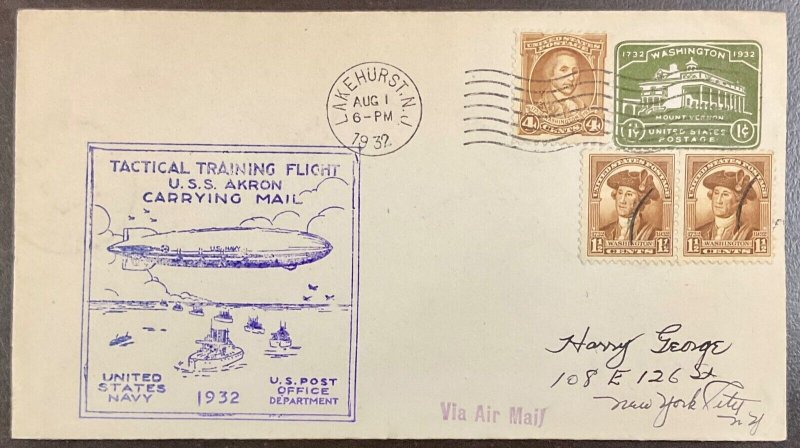 USS Akron Airship Purple Rubber Stamped on Front Cover 1932