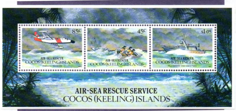 COCOS ISLAND 285a MH S/S SCV $12.00 BIN $6.00 AIR-EA RESCUE SERVICE