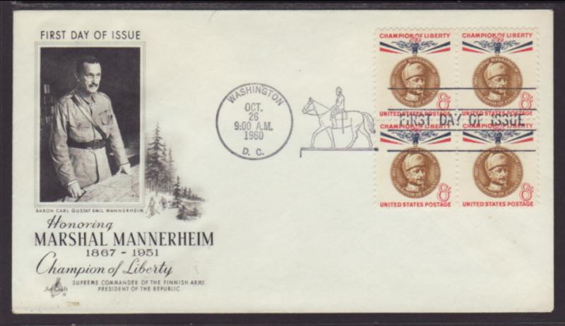 US 1166 Mannerheim B/4 Artcraft U/A FDC