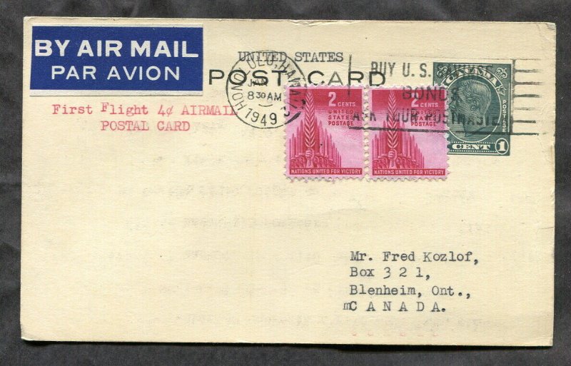 4037 - First Flight 4c Honolulu HAWAII to CANADA 1949 Dual Franking Postal Card