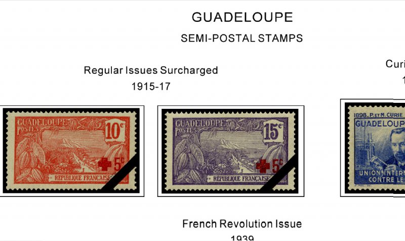 COLOR PRINTED GUADELOUPE 1884-1944 STAMP ALBUM PAGES (25 illustrated pages)