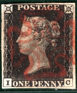 Penny Black QV Plate 1B (IC) Used Red MX