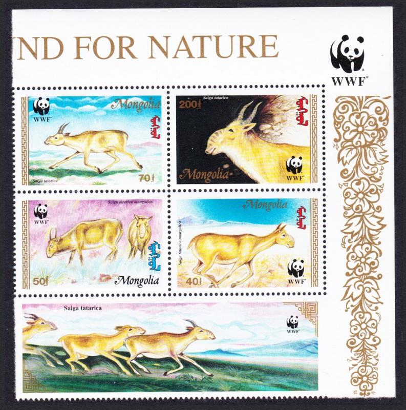 Mongolia WWF Saiga Top Right Block of 4 with WWF Logo and label SG#2497-2500