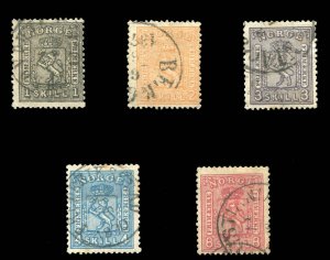 Norway #11-15 Cat$336, 1867-68 1s-8s, five values, used, 8s with some slight ...