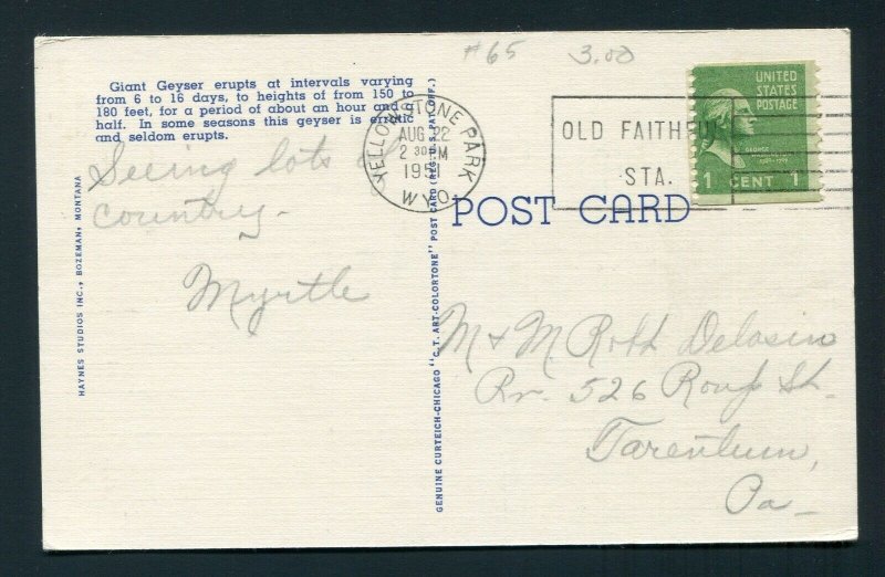 1951 Postcard - Old Faithful Station Yellowstone Park, Wyoming to Tarentum, PA