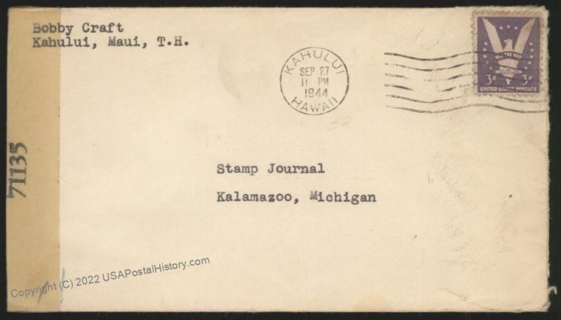 Hawaii USA 1944 KAHULUI WWII Censored Territorial Mail Cover 109171
