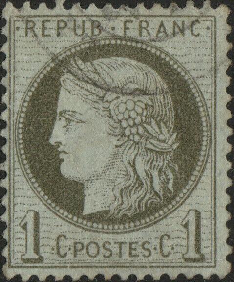 FRANCE - Yv.50 1c vert-olive Obl. - cassures au cadre inférieur (défauts)