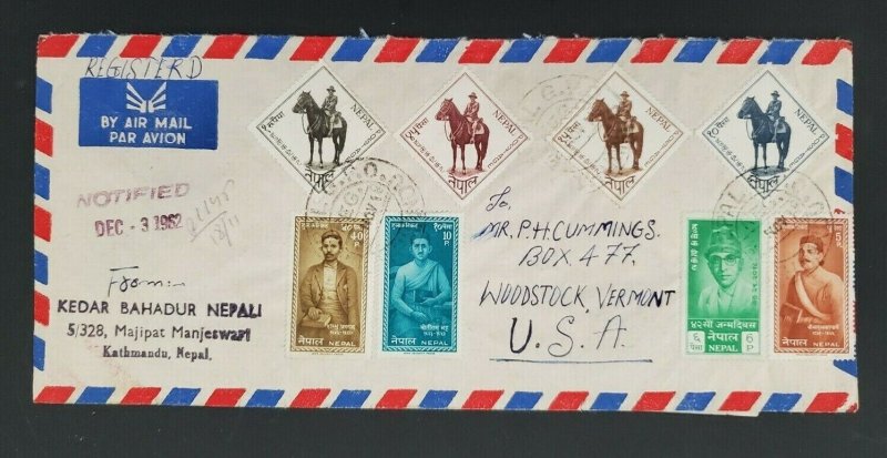 1962 Kathmandu Nepal Woodstock Vermont Multi Franking Registered Air Mail Cover