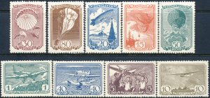 Russia 1938 Sc 678-86 Dirigible Balloon Glider Hydroplane Parachute Set Stamp MH