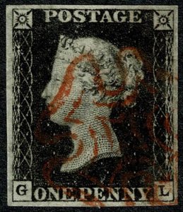 GB 1d Black. Plate 4 GL. Four margins cancelled by neat red Maltese Cross.