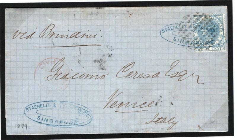 MALAYA Singapore Cover Straits 12c Rate 1879 RARE VENICE DESTINATION MAIL MC22