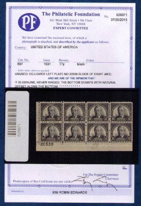 US Sc 697 MNH ,Og Plate Block Of Eight (4x2) PF Cert. Very Fine