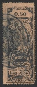 Uruguay 1894 Revenue FRANCE Consulate 0.50P Black on Buff Fine Used Very Scarce-