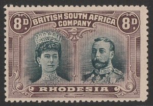 RHODESIA 1910 KGV Double Head 8d greenish-black & purple, 'gash in Queen's ear'.