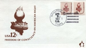 USA 12c FREEDOM OF CONSCIENCE AN AMERICAN RIGHT CACHET HOUSTON '81 (2000 ISSUED)