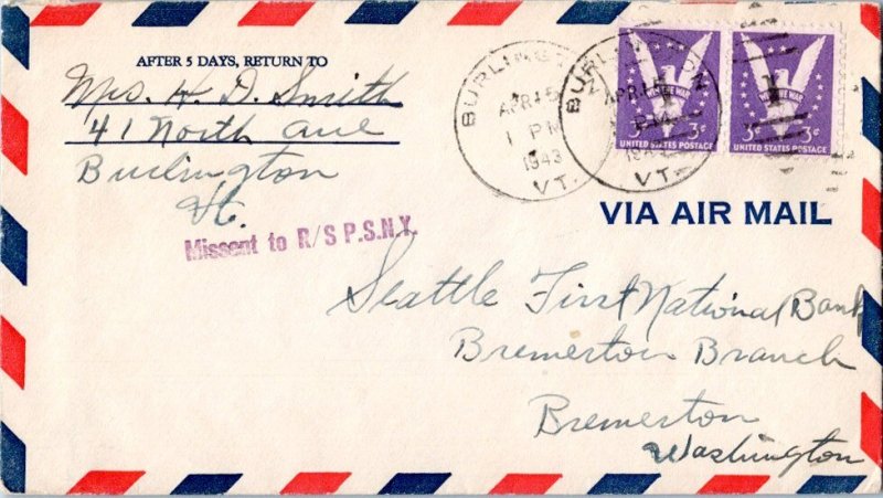 United States New York Missent to R/S P.S.N.Y. 1943 violet sl  3c Win The War...