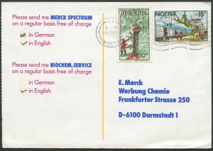 Nigeria 1988 Harvesting Palm Fruit & Train stamps on cover (495)