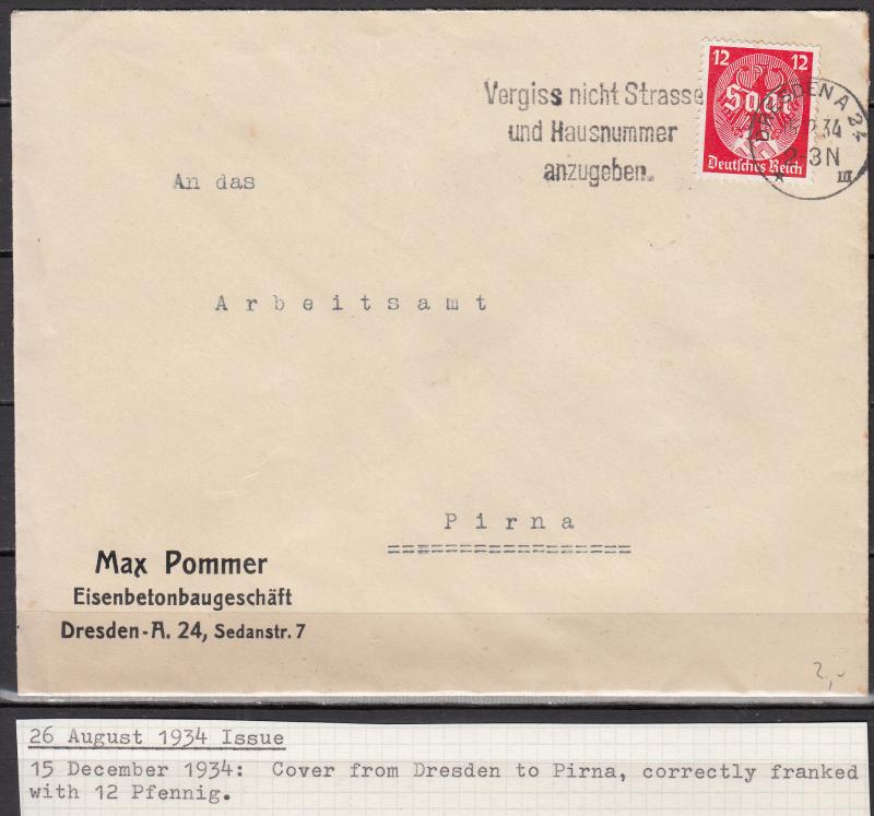 Germany - 15.12.1934 12pf SAAR as single franking on cover to Pirna (1969)