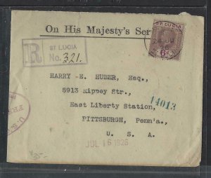 ST  LUCIA (P1402B)  1926 KGV 6D REG COVER TO USA 