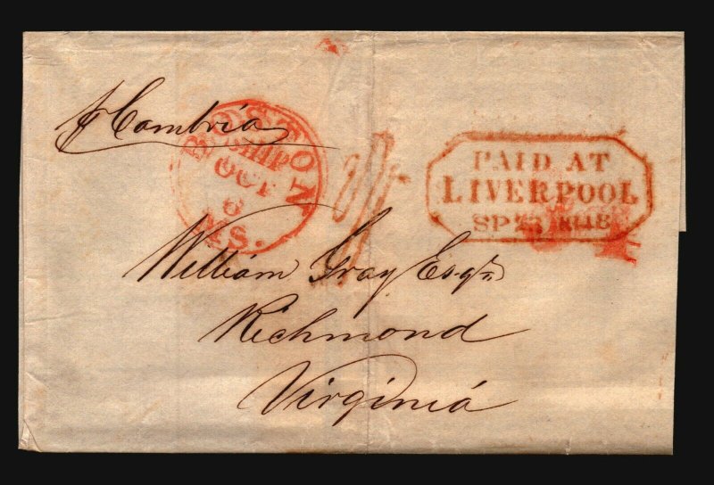 1848 (Sep 23) Retaliatory Rate Cover / RMS Cambria / 34c Liverpool to VA - L4722