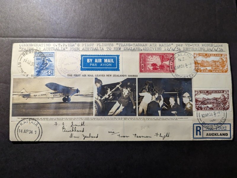 1934 Registered New Zealand Airmail First Flight Cover FFC Auckland Round Trip
