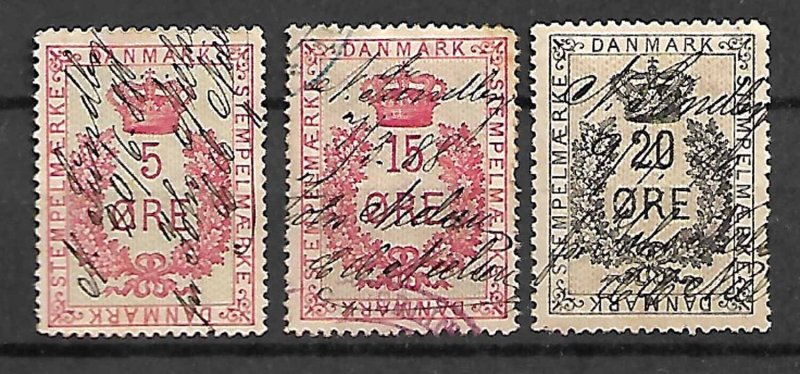 DENMARK FISCAL REVENUE TAX 3 STAMPS 1880s