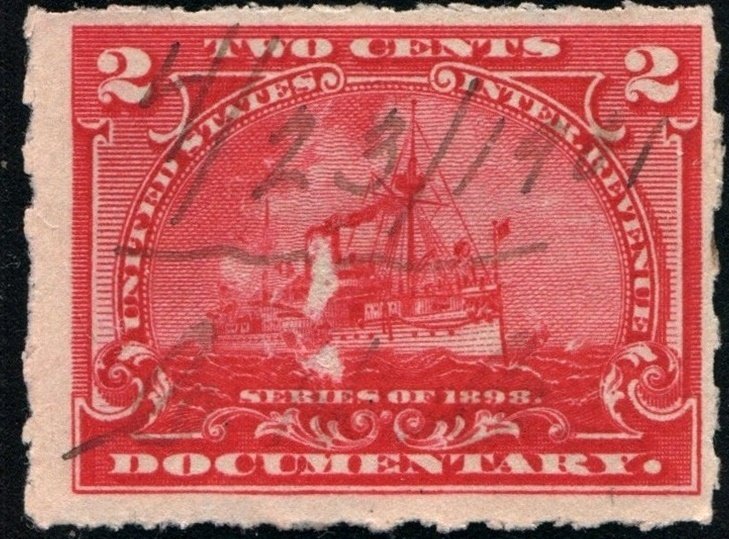 R164p 2¢ Battleship Documentary Stamp: Hyphen Hole  Perf 7 (1898) Used/Fault